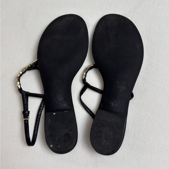 Tory Burch Gemini Black Leather Gold Chain Link Sandals Size 9 Classic Summer - Picture 6 of 9